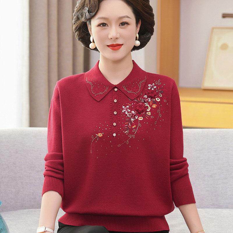 推荐中年妈妈针织打底衫翻领洋气上衣服中老年女春装长袖毛衣两件