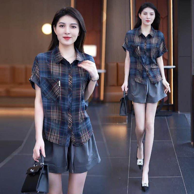 推荐时尚洋气天丝棉格子衬衫女宽松遮肚子显瘦短袖衬衣百搭格纹上