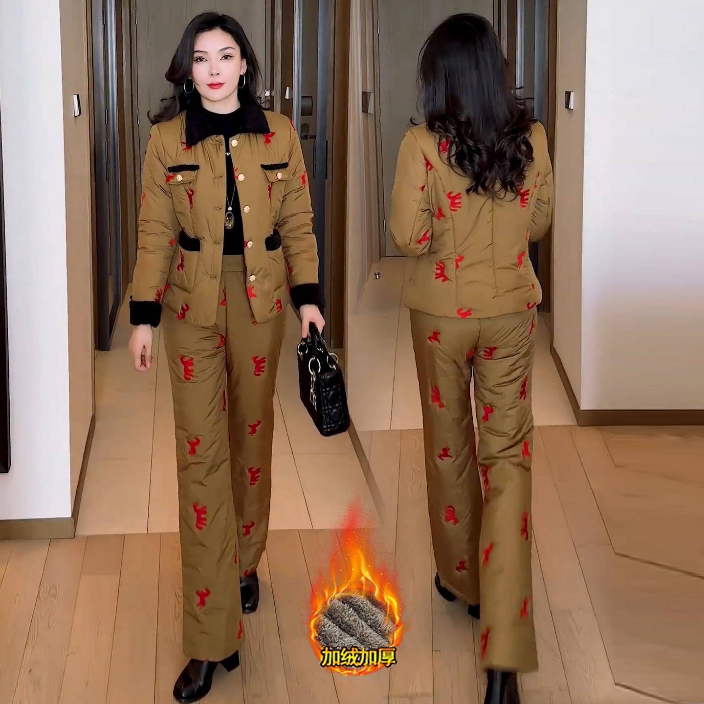 推荐时尚加绒加厚棉服套装女2026冬季新款洋气刺绣棉袄棉裤保暖两