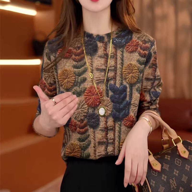 推荐磨毛长袖t恤女印花秋冬新款妈妈气质减龄打底衫内搭保暖德绒
