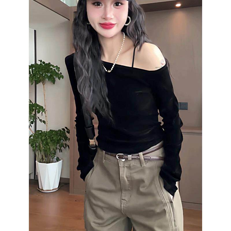 推荐黑色丝绒斜肩长袖打底T恤女修身露肩打底衫早秋新款设计感上