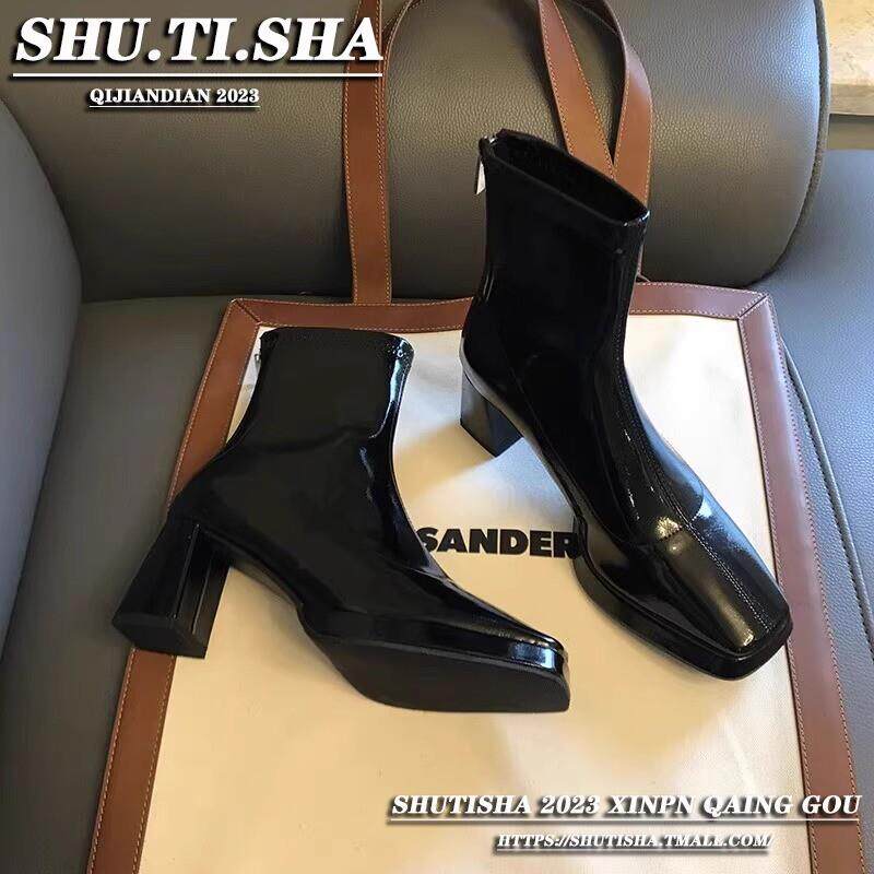 新品粗跟短靴女鞋子新款春夏季瘦瘦靴时尚百搭高跟靴子复古踝靴马