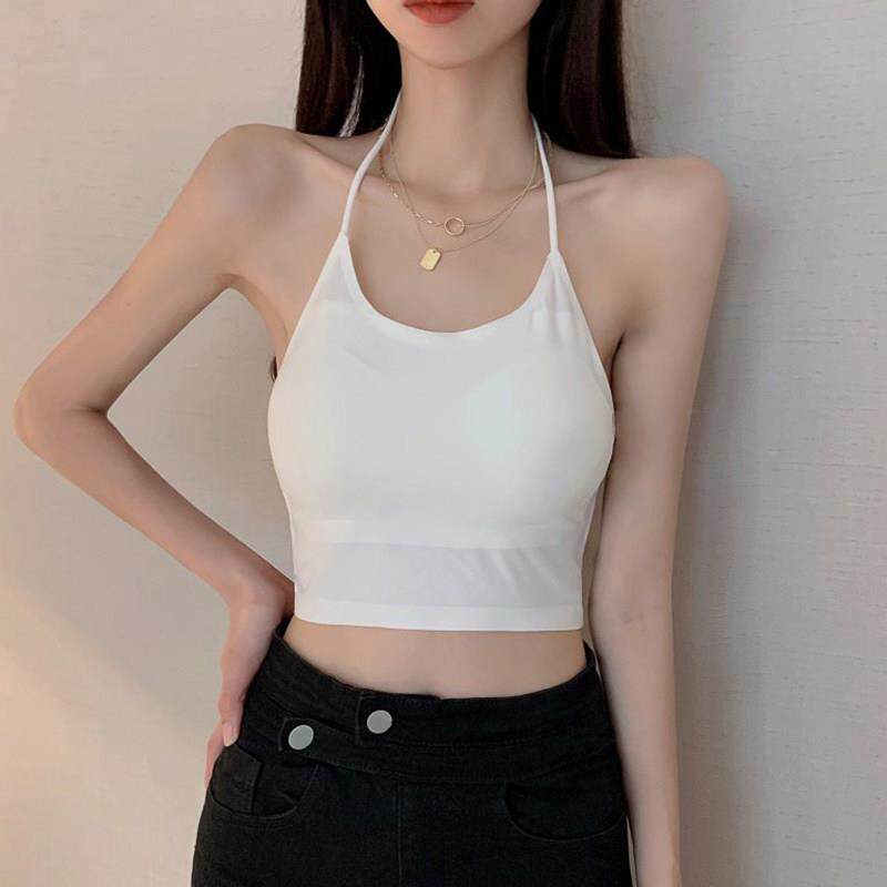 推荐黑色美背挂脖内衣吊带背心女欧货爆款带胸垫裹胸打底抹胸上衣