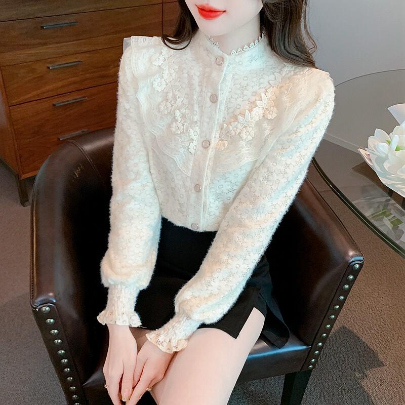 推荐加绒加厚蕾丝打底衬衫女春秋冬2026新款法式高档长袖上衣减龄