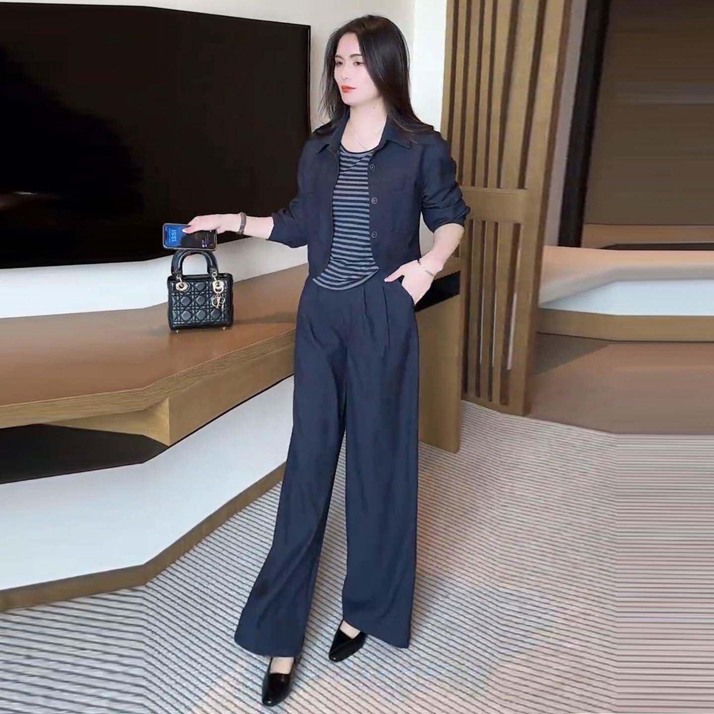 推荐时尚洋气牛仔套装女2026秋季新款显瘦短外套条纹背心阔腿裤三