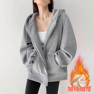 宽松慵懒风运动休闲加绒连帽开衫 2025新款 卫衣外套女春秋薄款 新品