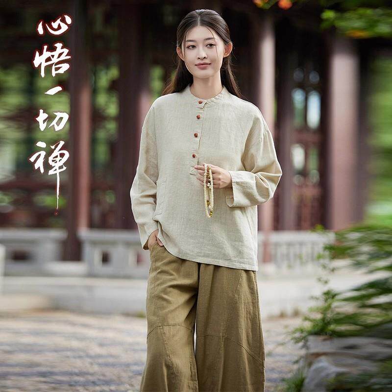推荐中国风佛系禅意打坐素衣居士服新中式太极表演宽松休闲棉麻茶