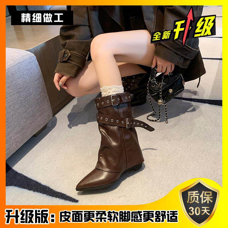 新品复古粗跟中筒短靴女款2026秋季新款西部堆堆靴尖头皮带扣裤管