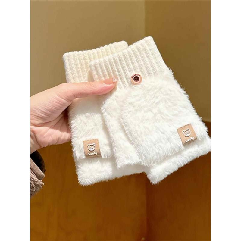 冬季露指半指翻盖手套女可