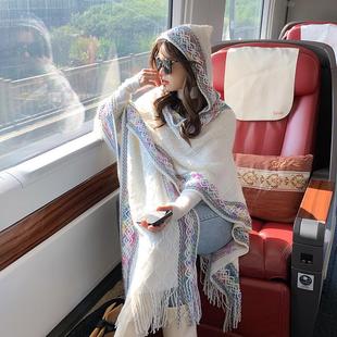 云南旅游民族风披肩女秋冬披风斗篷波西米亚针织保暖两用子围巾