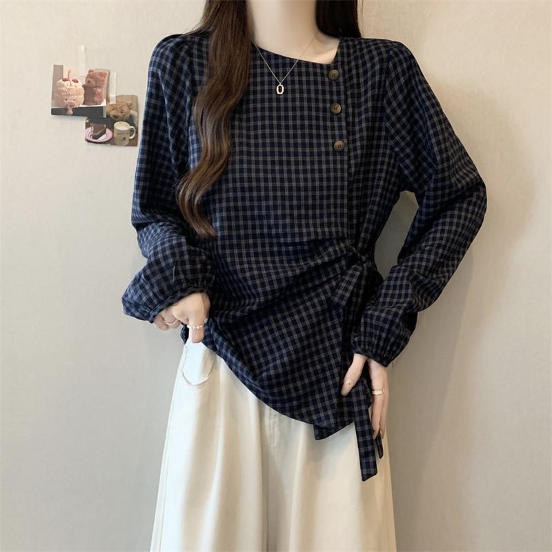 推荐复古格子长袖衬衫女春