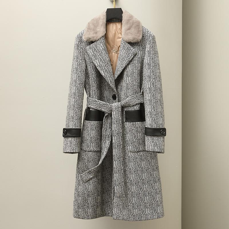 新品2022新款羊毛粗花呢大衣水貂毛皮草羽绒服女中长款白鹅绒毛呢