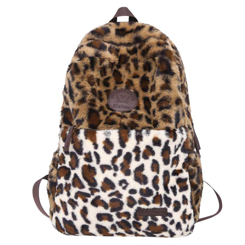 新品毛绒双肩包女2025新款大容量秋冬可爱豹纹背包大学生上课通勤