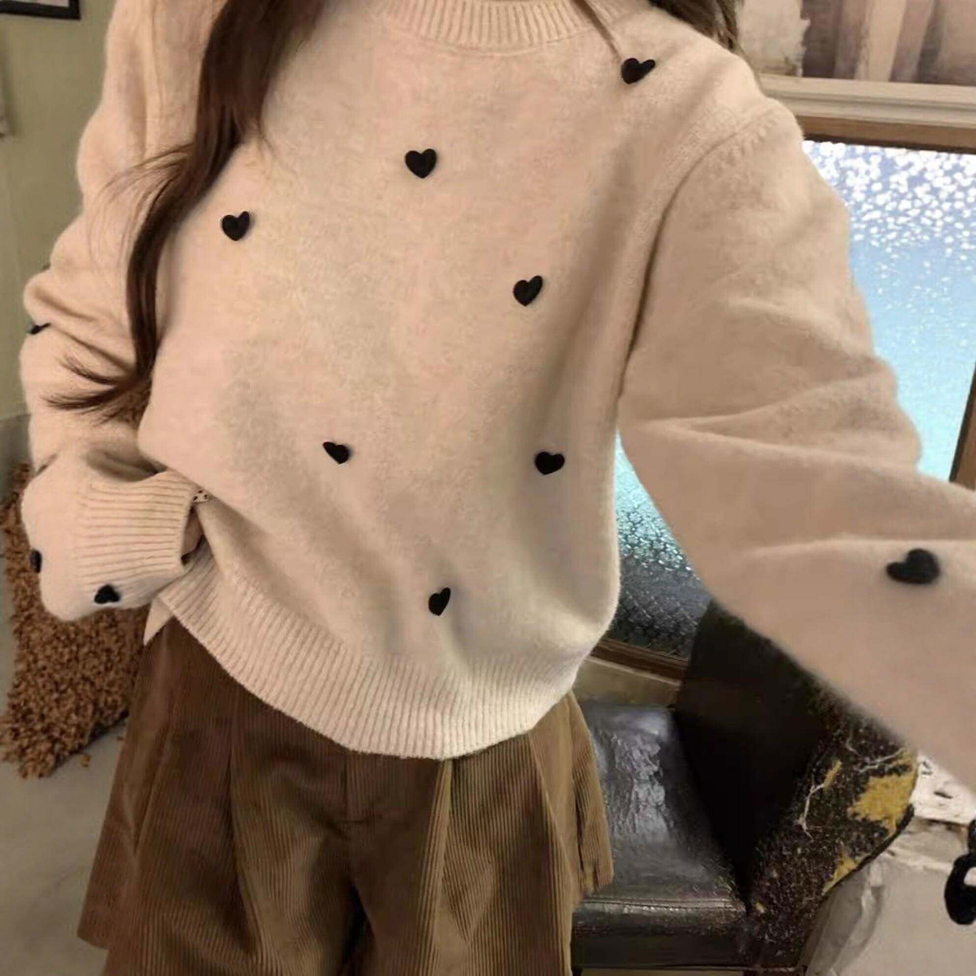 推荐慵懒风甜美爱心圆领套头毛衣女秋冬季新款针织打底衫宽松百搭