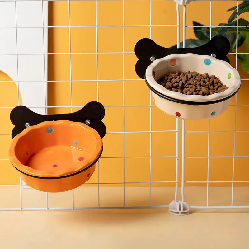 哇噢定制陶瓷猫碗波点宠物食盆猫粮碗喝水碗悬挂式倾斜猫粮盆固定