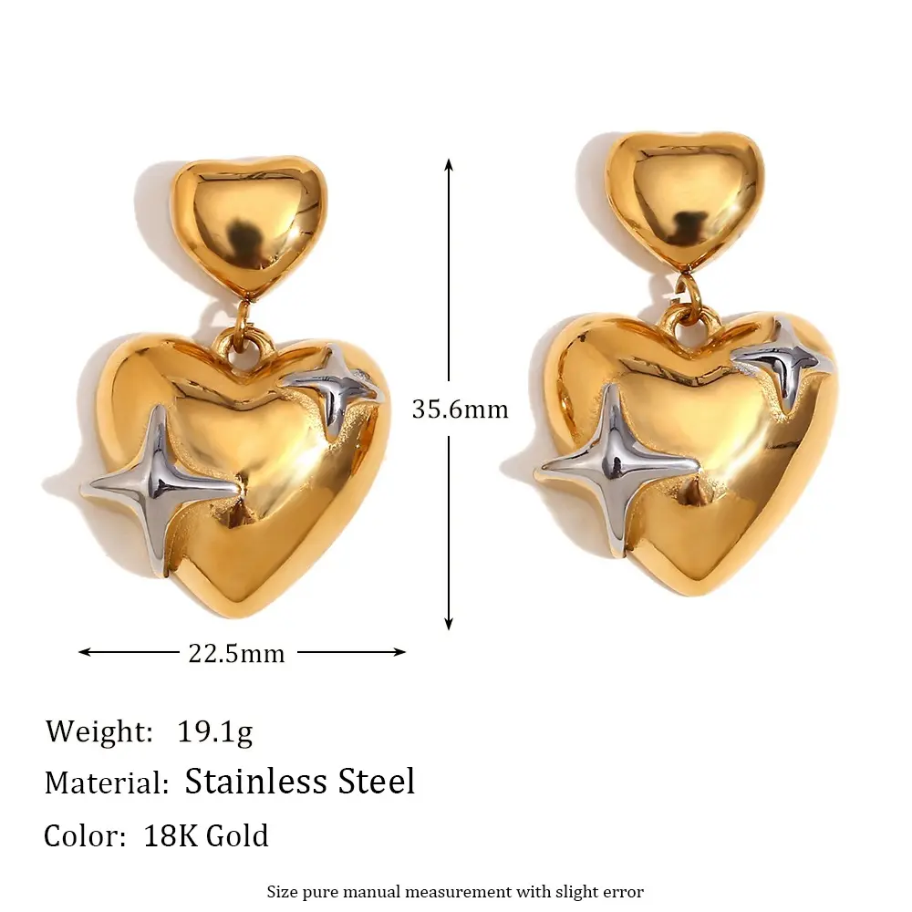欧美气质小众设计款耳饰不锈钢镀18k金大小爱心拼接五角星耳钉女