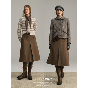 饰扣羊毛混纺半身裙 女老钱风A字裙摆木质装 Grenat冬季