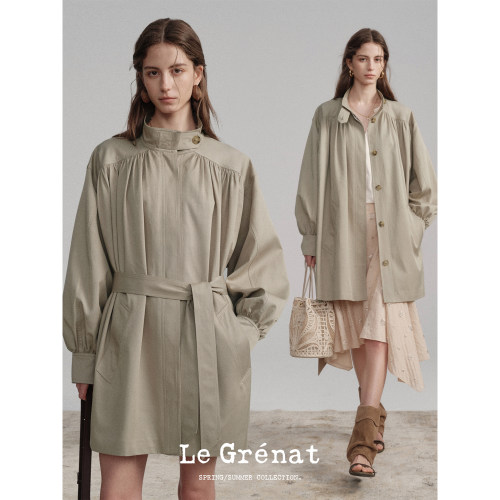Le Grenat春夏女莱赛尔混纺暗门襟小立领中长款风衣系带外套