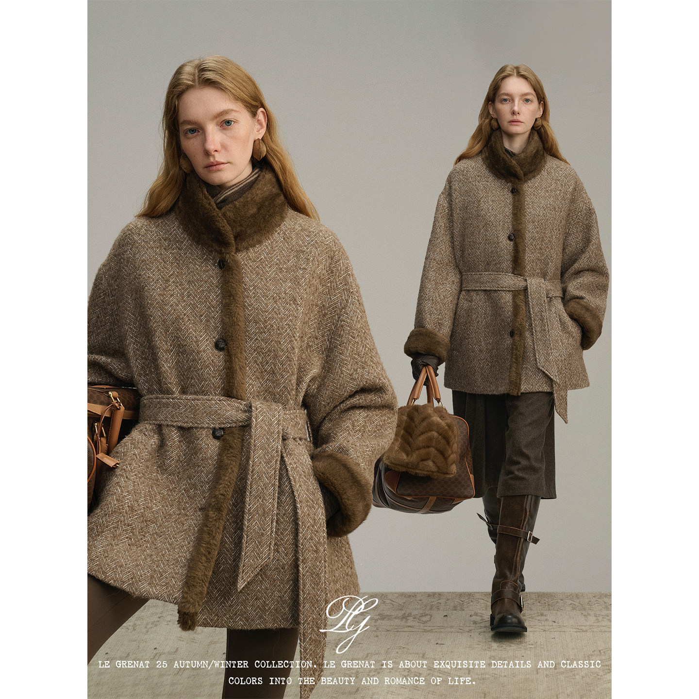 Le Grenat拼接环保皮草羊毛混纺系腰带人字纹毛呢大衣中长款外套,女装/女士精品,毛呢外套,淘宝优惠券,粉丝福利购,淘宝优惠卷