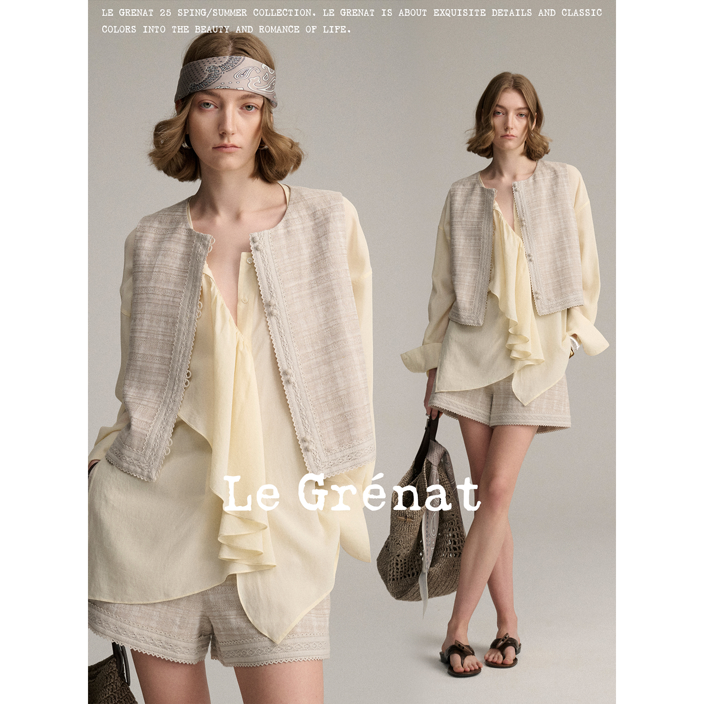 LeGrenat夏季女复古度假风亚麻提花条百搭短裤＋重工定染蕾丝马甲