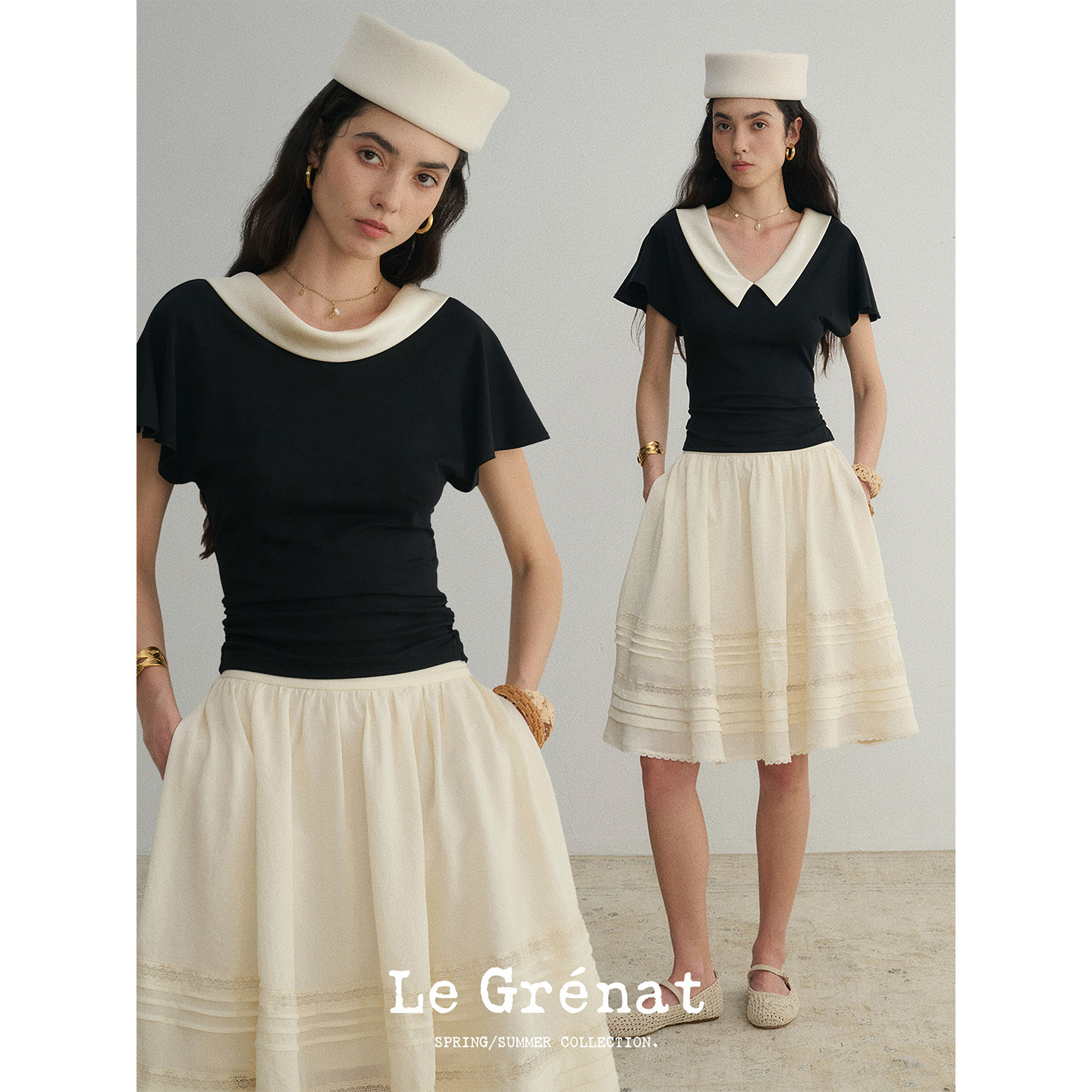 Le Grenat春夏女莱赛尔醋纤混纺翻折领小飞袖前后两穿针织上衣