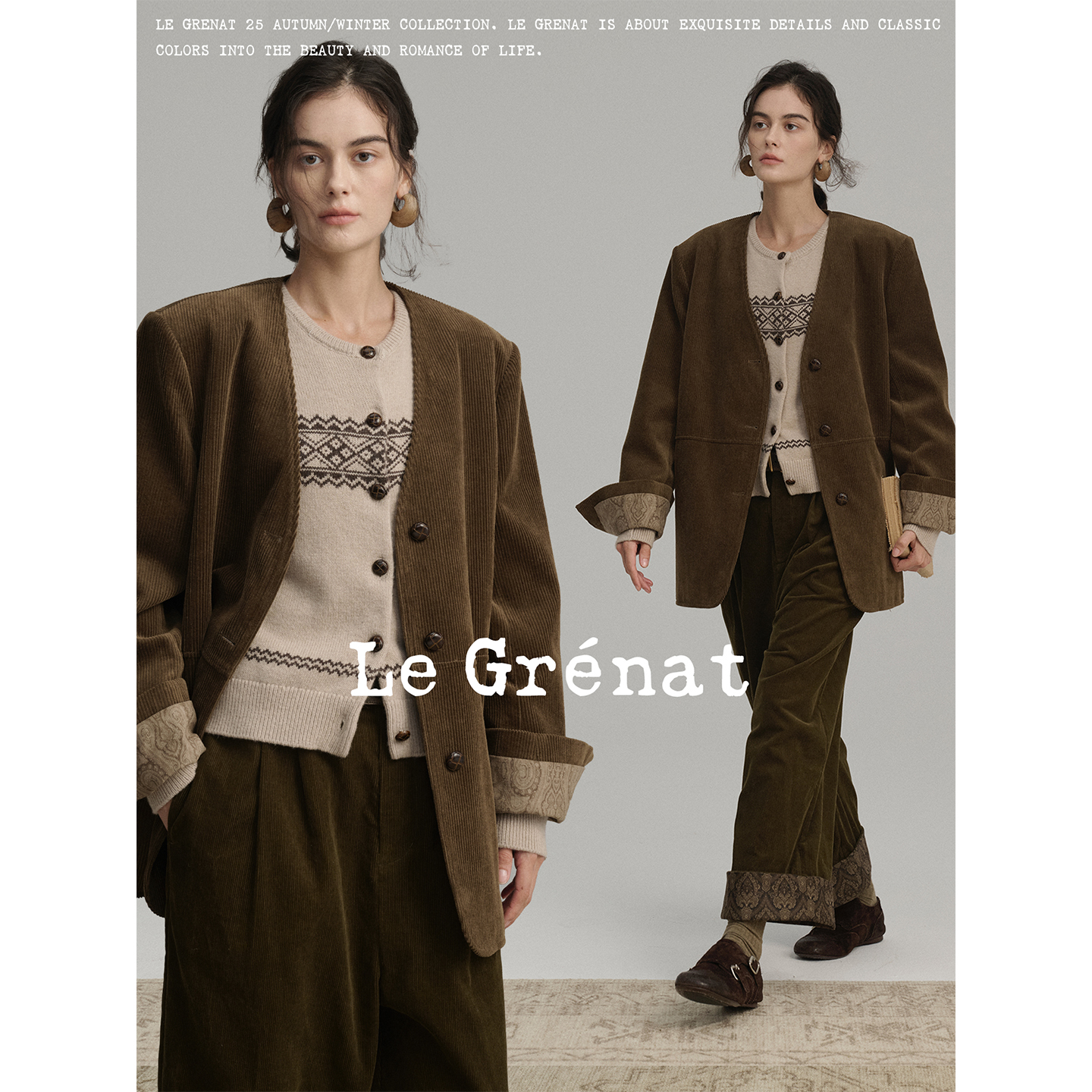 Le Grenat秋冬女老钱风袖口拼接复古印花灯芯绒棉感无领西装外套