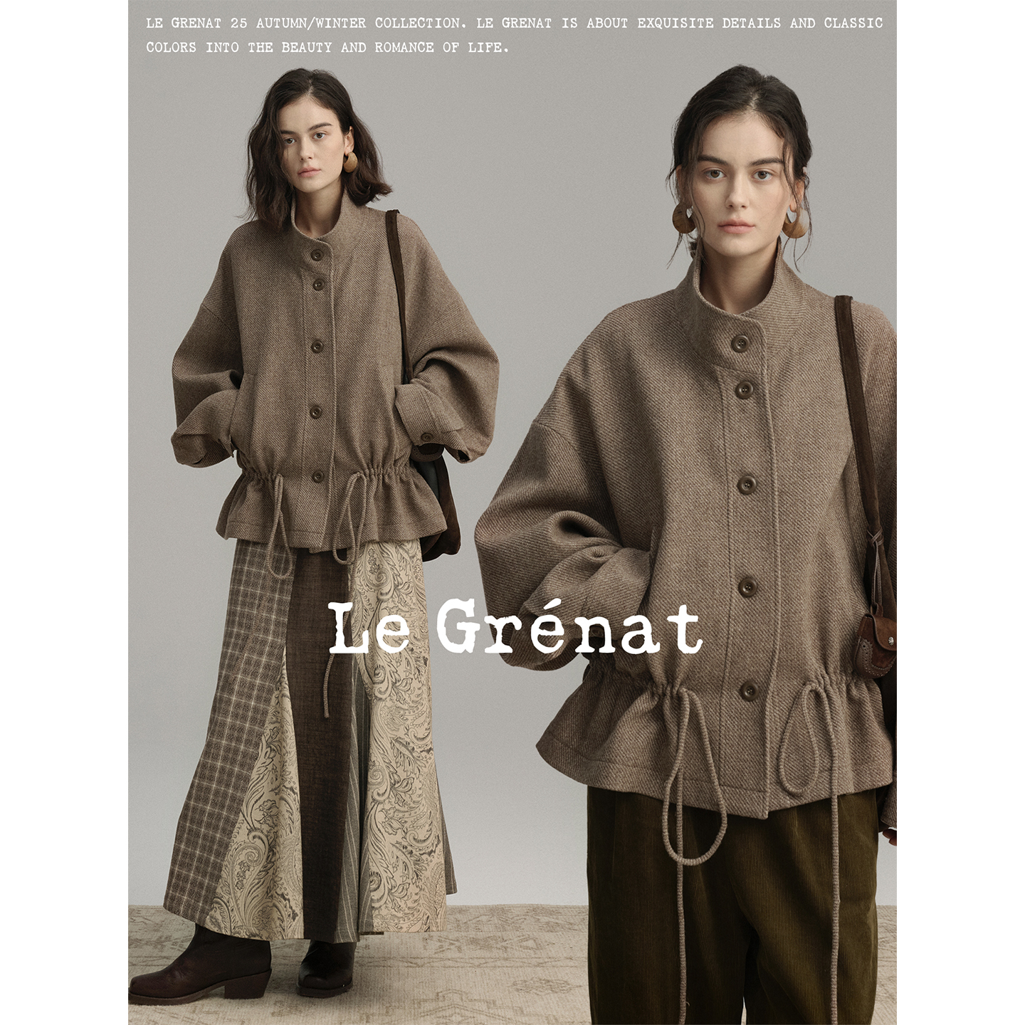 Le Grenat秋冬女设计感老钱风腰部抽绳设计中长款羊毛立领外套