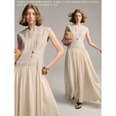 无袖 Grenat设计感度假风亚麻提花条大裙摆夏季 长裙女