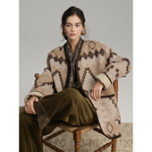 Grenat秋冬女老钱风复古花纹灯芯绒包边羊毛无领中长款 外套