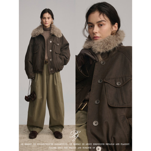 Le Grenat秋冬女老钱风仿做旧油蜡皮环保皮草毛领棉服