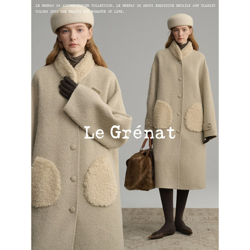 Le Grenat冬季女羊毛领双面呢羊驼毛羊毛混纺毛呢长款大衣外套