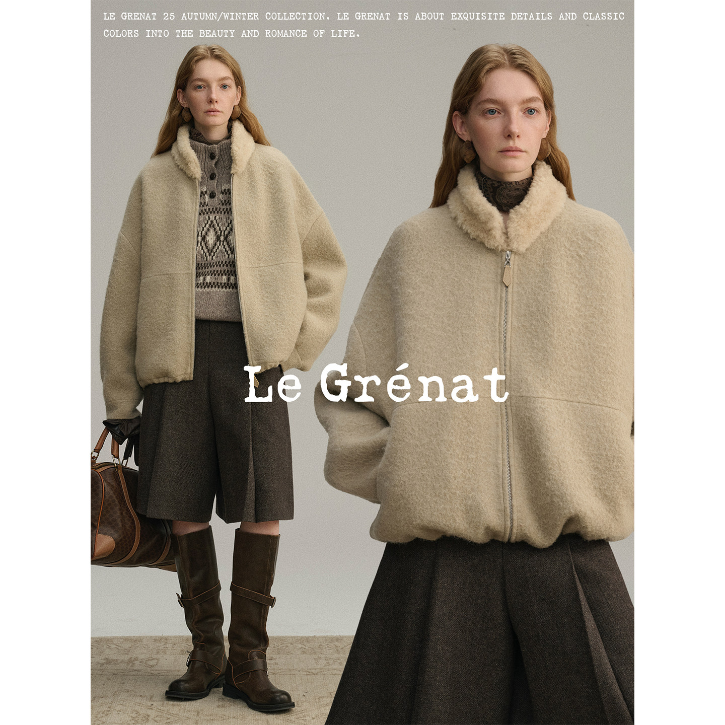 Le Grenat冬季女毛领拉链羊毛羊驼毛混纺双面呢大衣短款外套