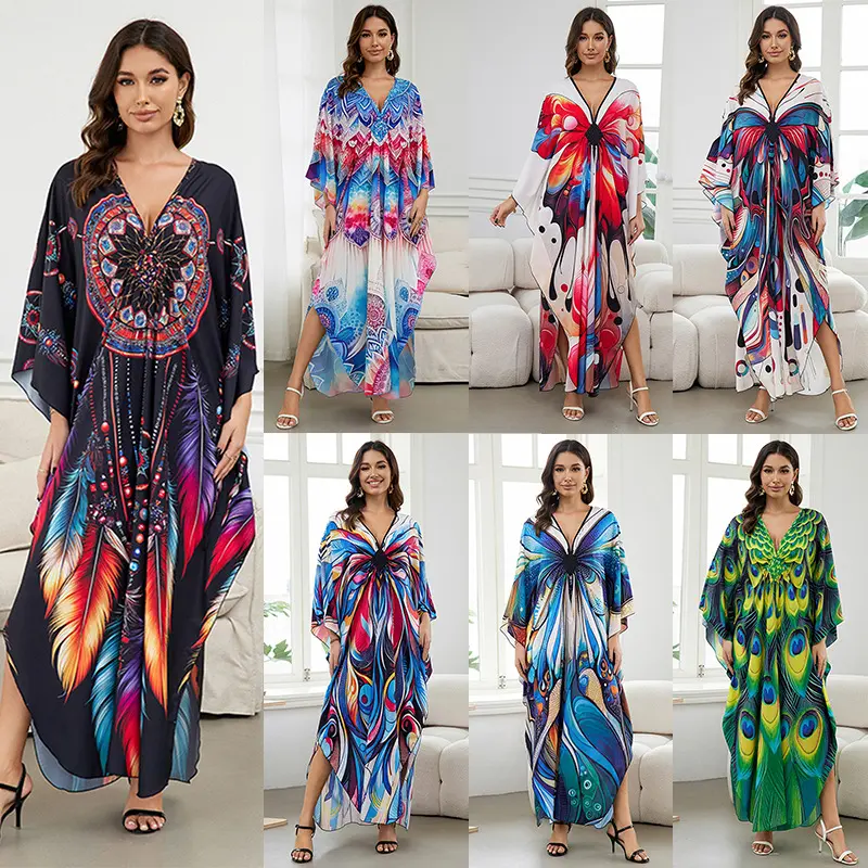 欧美新款定位印花连衣裙度假沙滩连衣长袍大码沙滩防晒比基尼罩衫
