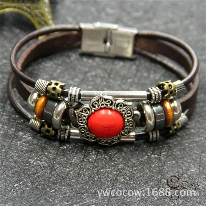 松石复古多层牛皮手链合金民族风不锈钢手表扣潮男士饰品厂