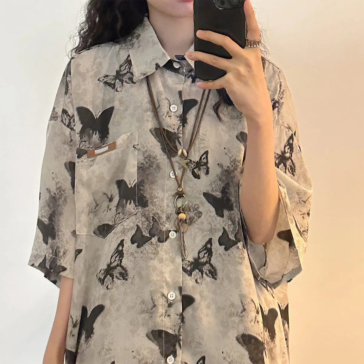 水墨画满印设计短袖衬衫女2025夏季新款美式复古潮流衬衣上衣