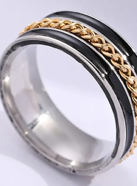 欧美热销钛钢可转动链条戒指男双排滴油不锈钢情侣戒指饰品