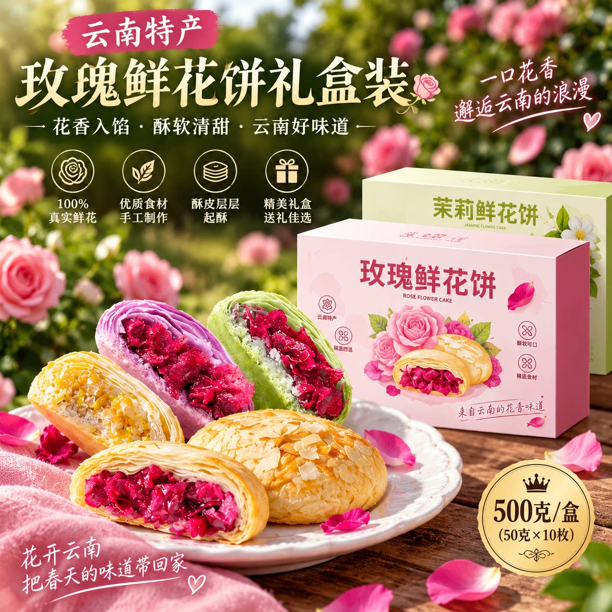 云南鲜花饼官方旗舰店正品玫瑰鲜花饼伴手礼传统糕点心零食小吃