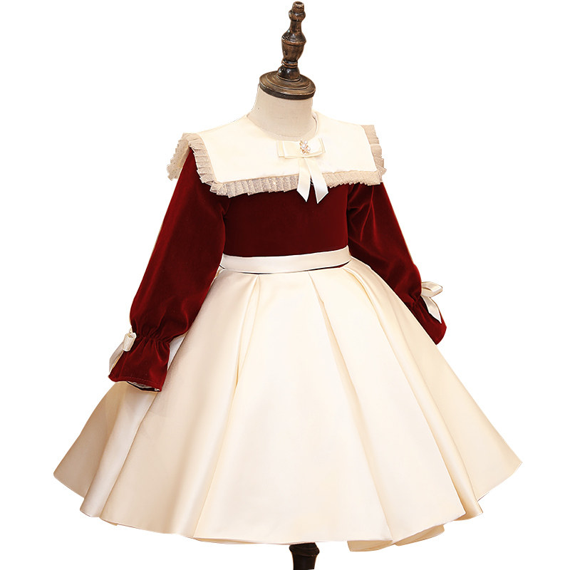 女宝宝长袖礼服红色主持人花童高端洋气女童生日公主裙钢琴春季