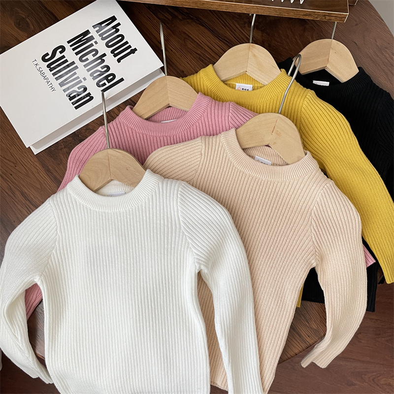 秋冬女童打底毛衣坑条圆领高弹力婴儿针织打底衫宝宝内搭衣服纯棉