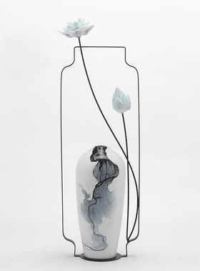 新中式禅意铁艺陶瓷罐莲花装饰摆件样板房家居电视柜玄关软装饰品