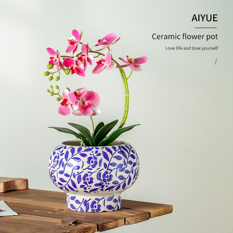 中国风青花瓷花盆陶瓷高脚手绘轻奢高级感球形蝴蝶兰流泉枫专用盆