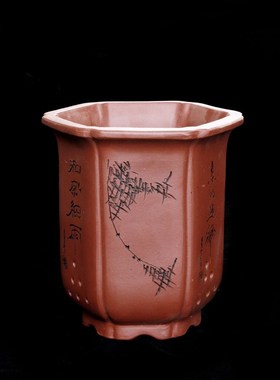 宜兴新款黑色款古典紫砂陶瓷兰花盆君子兰吊兰盆栽抽角六方宫灯