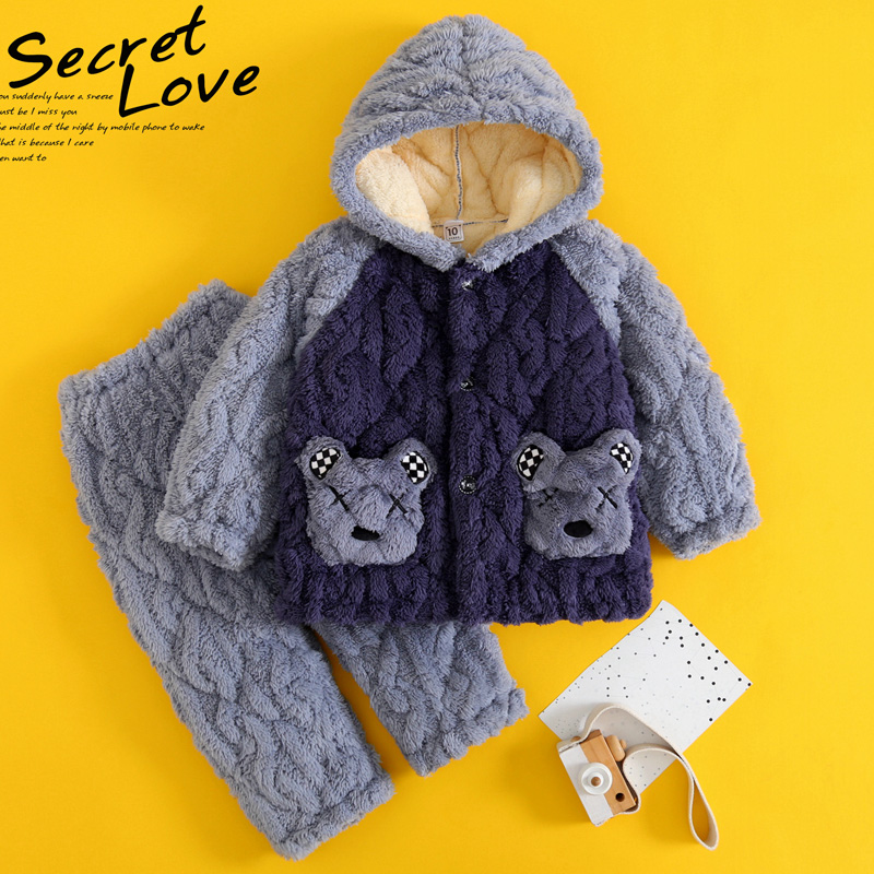 冬季儿童舒棉绒连帽睡衣裤套组珊瑚绒男孩女孩卡通小孩子宝宝家居