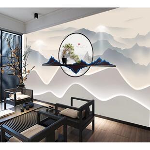 茶室墙纸客厅办公室背景墙布养生头疗馆美容院酒店壁纸 3D立体中式
