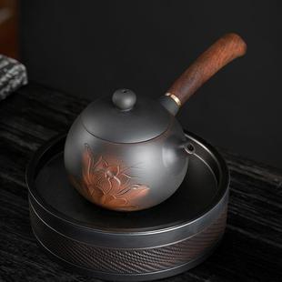 紫陶茶壶单个大号雕花陶瓷功夫茶具纯手工荷韵侧把壶家用小泡茶器