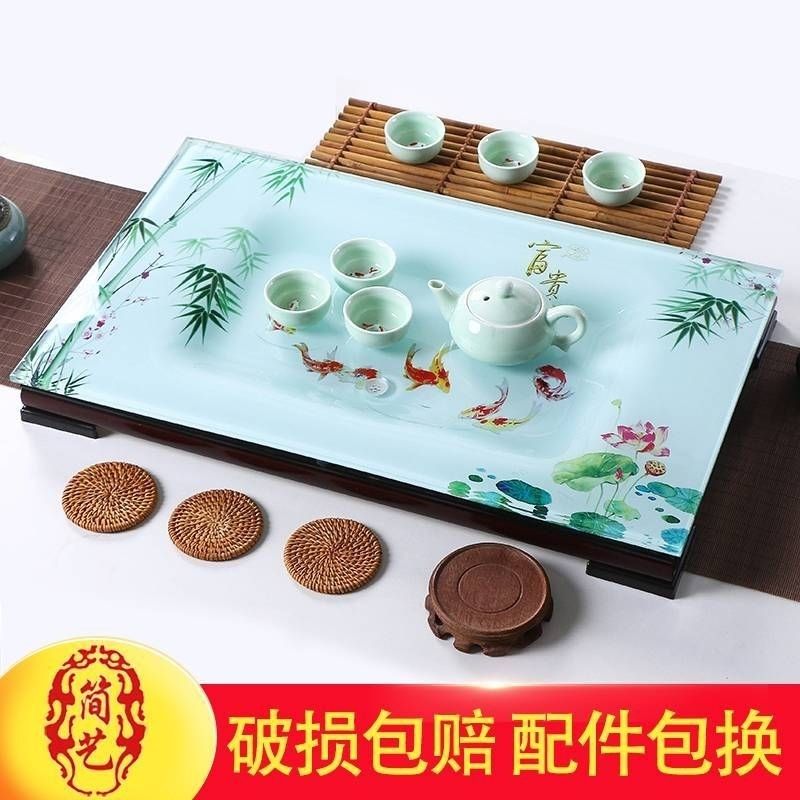 玻璃茶盘钢化玻璃一体整块弯脚琉璃F排水式长方形功夫茶具托盘茶,餐饮具,旅行茶具,淘宝优惠券,粉丝福利购,淘宝优惠卷