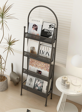书架落地书报杂志架子奶油风靠墙铁艺置物架客厅书T刊籍摆件展示