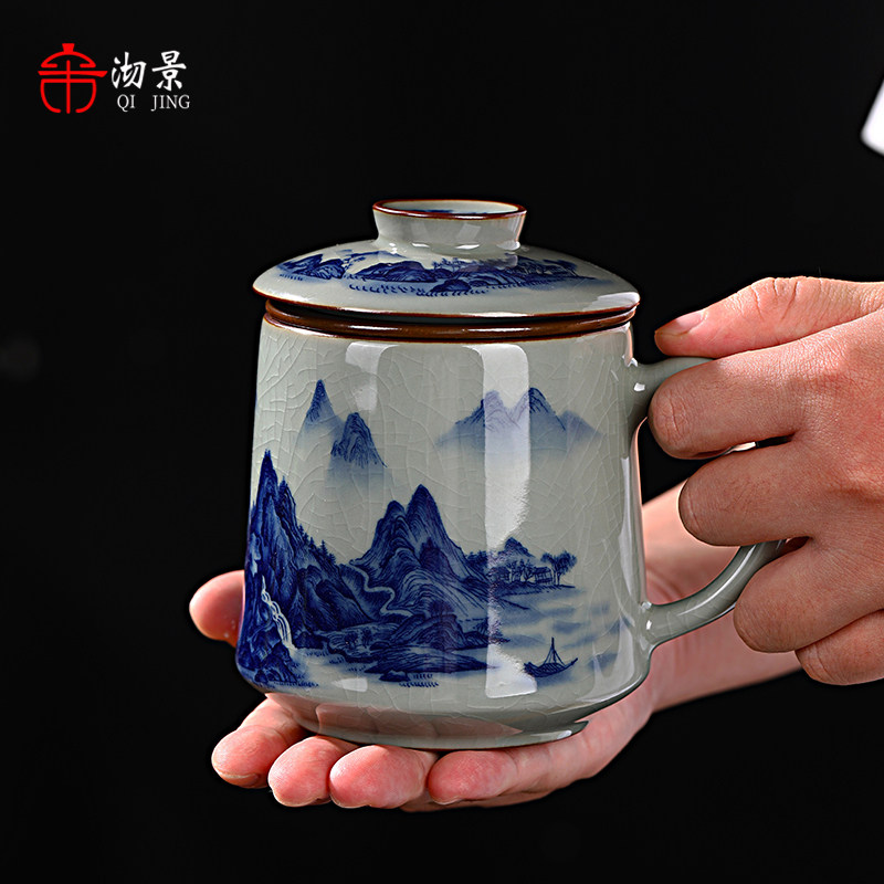 景德镇青花老陶泥山水泡茶杯子带盖子茶水分离杯办公杯家用陶瓷杯