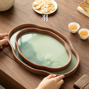 荷花玻璃干泡盘家j用茶托盘茶杯茶具泡茶盘水果盘茶室功夫茶道配