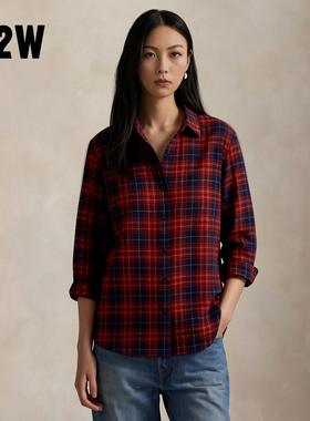 R2W美式经典法兰绒格子衬衫女春秋红色格纹长袖衬衣宽松休闲上衣